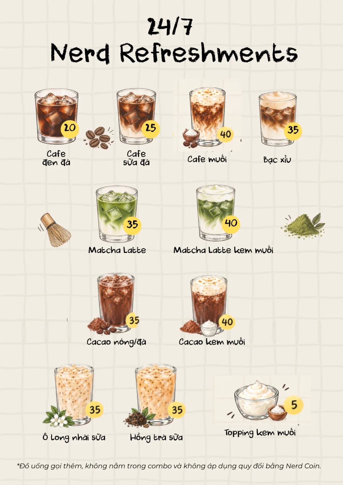 Menu đồ uống Nerd Society: cơ sở Tây Sơn & Hồ Tùng Mậu