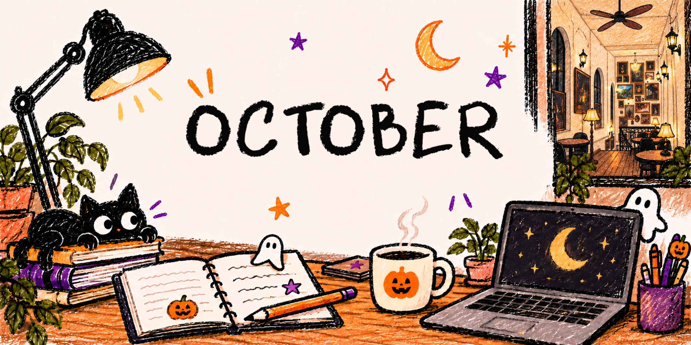 OCTOBER: bàn học buổi tối với sổ tay mở, cốc cà phê hình bí ngô, đèn bàn và lá thu.
