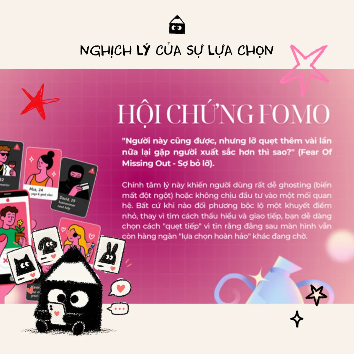 Slide Nghịch lý của sự lựa chọn về hội chứng FOMO, với nhân vật Nerd cầm điện thoại giữa các thẻ hồ sơ hẹn hò